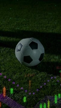 Vertical video: Ball sitting on pitch, sports HUD tracing path while player contacting it to kick