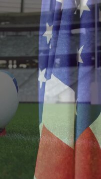 Vertical video: Animation starting USA-flag drape sliding right revealing stadium and ball on tee