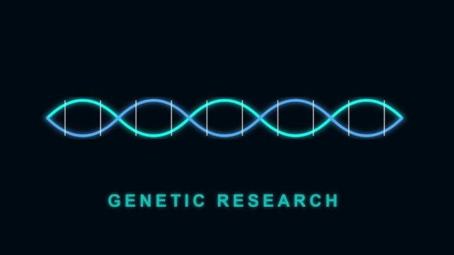Futuristic neon DNA double helix illustration with glowing blue and cyan colors representing genetic research and biotechnology concepts on a dark background