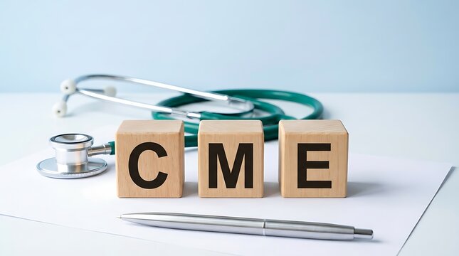 CME medical education cubes and stethoscope on desk with pen and paper representing continuing medical education for healthcare professionals and doctors learning new skills.