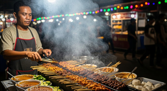 Juicy meat and chicken kebabs cook over hot charcoal flames on a metal grill during a smoky summer garden barbecue party