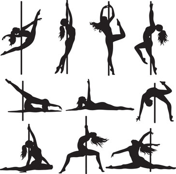 Set of Pole Dancer Silhouettes Vector Illustration - Elegant Female Athletic Poses and Gymnastic Movements