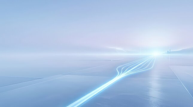 Minimal blue technology background with glowing light stream branches toward bright horizon and wide calm copyspace for clean digital header