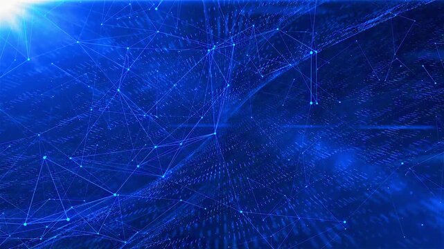 Futuristic digital data stream with glowing connecting lines and dots on a dark blue cybersecurity background for tech concepts.
