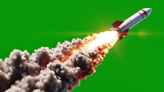 Rocket launch with exhaust flames highlighting geometric patterns and contemporary art