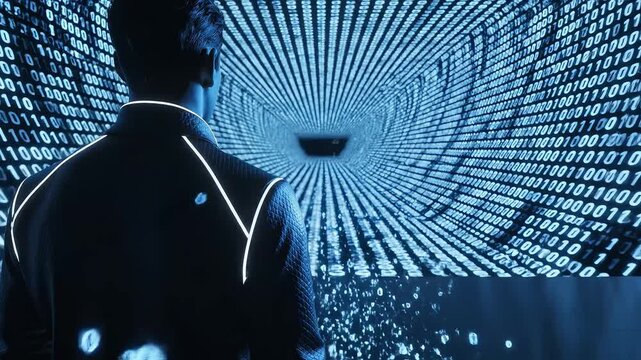 Person facing digital binary tunnel symbolizing digital transformation and future innovation