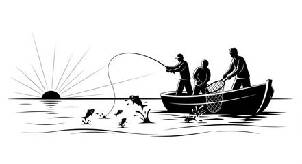 Silhouette of Three People Fishing from a Small Boat on Water. © Agos