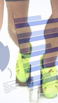 Vertical video: Runner shifting, pushing off blocks into sprint, frame rising, charts over shoes