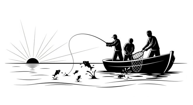 Silhouette of Three People Fishing from a Small Boat on Water.