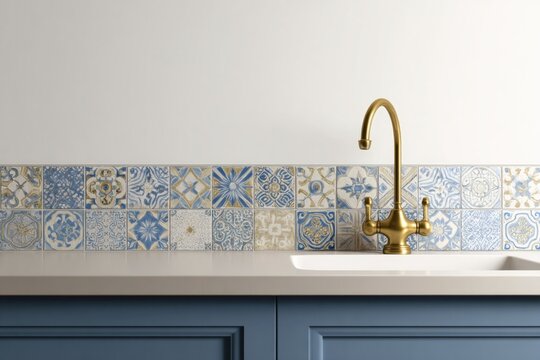 Elegant combination of blue and white tiles enhances kitchen aes