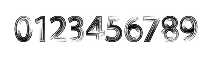 Grunge dry brush drawn numbers from 0 to 9 percent, hash sign. Set of dirty painted numbers. Collection of hand drawn typography elements.  Vector distressed characters with bold dry brush strokes. © Creative