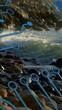Vertical video: Small wave starting blue UI while shore waves rising, breaking, visualizing coast