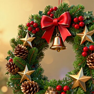 Christmas wreath with red bow and golden stars