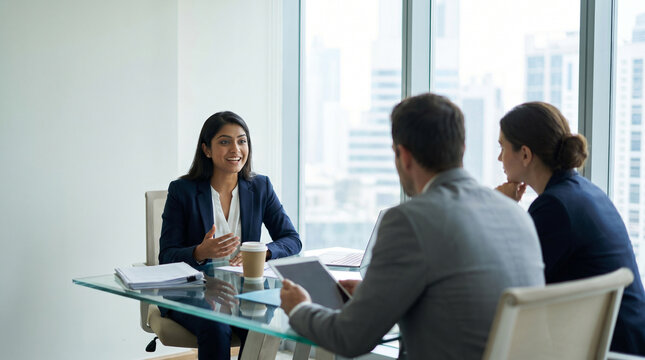 Smiling Indian woman candidate answering questions during a job interview with two recruiters in a modern office. Human resources and staffing concept with copy space.