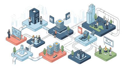 Naklejka premium Isometric data flow technology illustrates business operations with people, buildings, and industry elements in a modern urban landscape.