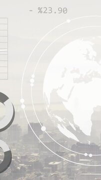 Vertical video: Faint globe appearing, rings orbiting, charts updating, showing data over skyline