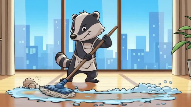 Cartoon badger mopping floor with city view background