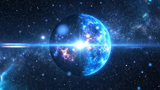 Cosmic planet in starry space highlighting geometric patterns and contemporary art