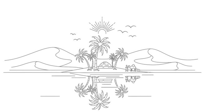 Minimalist desert oasis line art with palm trees and dunes