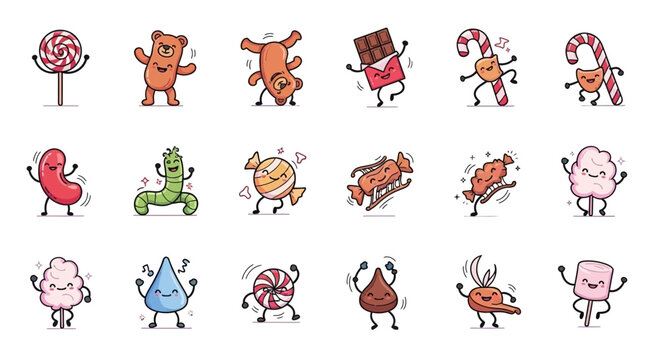 Cute Dancing Candies and Sweets Characters Set, Funny Food Icons