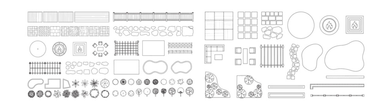 Landscape Design Symbols and Icons Set for Architectural Blueprints, Garden Plans and Site Layouts