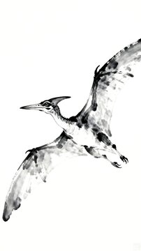 Pterosaur In Flight - Monochrome Watercolor Illustration
