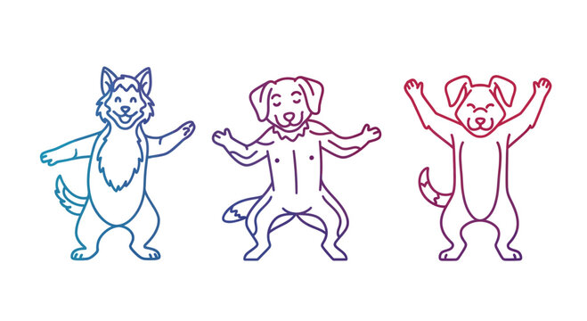 Three happy dogs dancing and celebrating with colorful gradient outlines