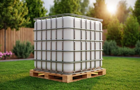 Large white plastic IBC container inside metal cage, sitting on wooden pallet in green garden setting during sunny day. High quality photo