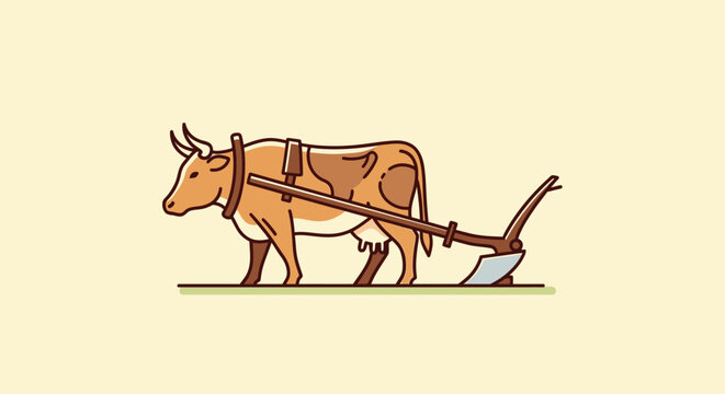 Cow pulling a plow illustration on a light background agricultural concept