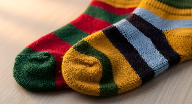 Cozy striped knitted socks lying on a wooden surface