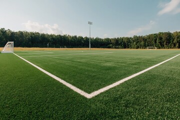 Wide angle view of empty soccer field corner with white lines on green artificial turf under clear sky with stadium light in background. High quality photo