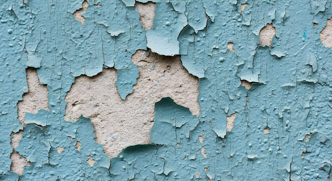Peeling green and blue textured paint on old wall