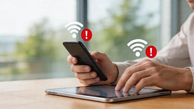 Businessman experiencing poor mobile data connection signal on smartphone and tablet frustration with internet outage at modern office desk no wifi access icon warning alert