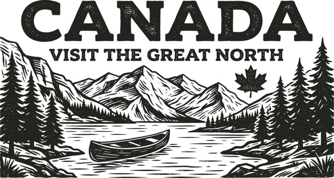Canada visit the great north vintage illustration with canoe Vector Canada Day