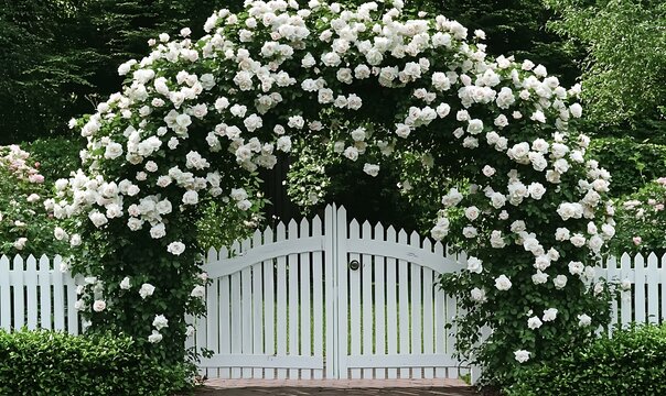 White climbing roses arching over white picket gate leading to garden.