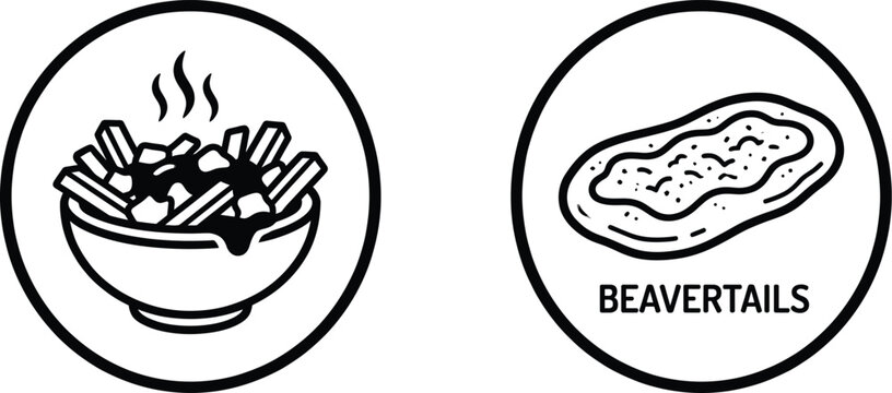 Poutine and beavertails food icon set in black and white Vector Canada Day