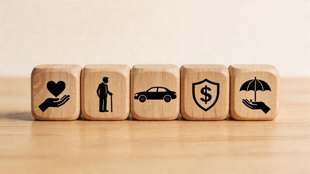 Business insurance concept wooden blocks with hand holding heart elderly man car shield dollar sign umbrella symbol protection