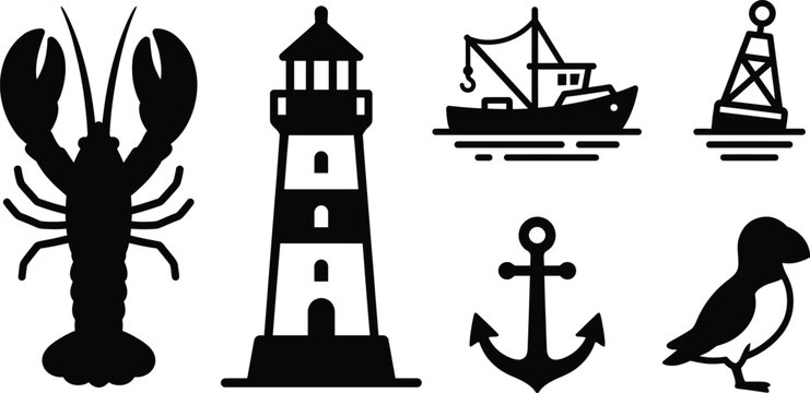 Set of simple nautical and fishing icons Vector Canada Day