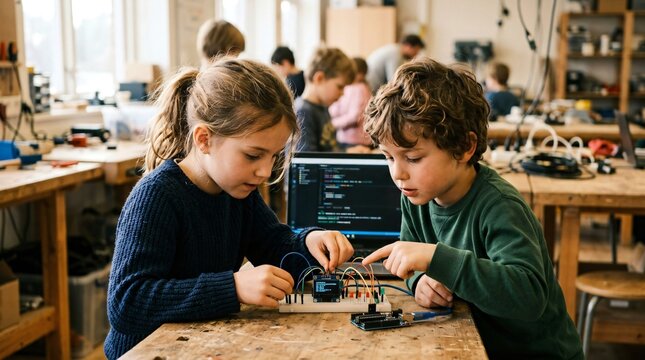 Girl and boy building electronic circuit with breadboard and laptop. Schoolchildren studying robotics and stem education in classroom. Innovation, engineering, and technology learning.