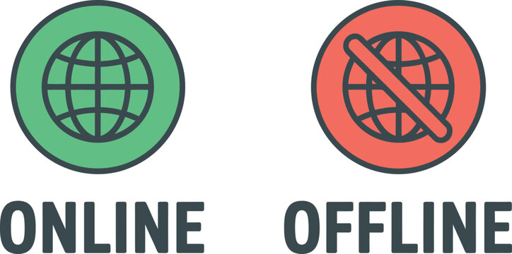 Online and offline status icons with 2 globe symbols in a flat modern vector style