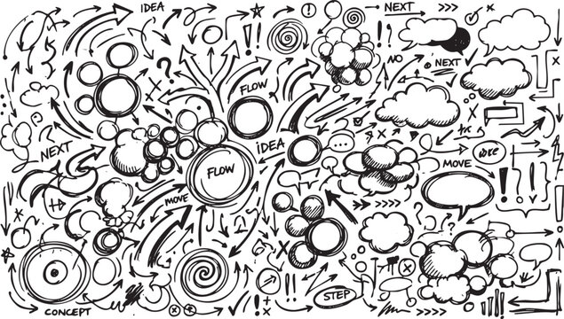 Hand-drawn business doodles and brainstorming elements including arrows, speech bubbles, flow charts, and abstract concept icons isolated on white background
