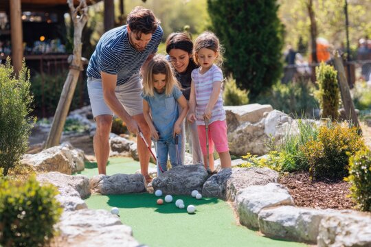 Fun Family Kids Playing Mini Golf Recreation