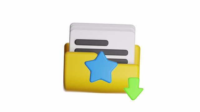 3d ux icon motion file folder icon with star and download arrow, ideal for website download sections, digital organization, web design concepts, file management themes.
