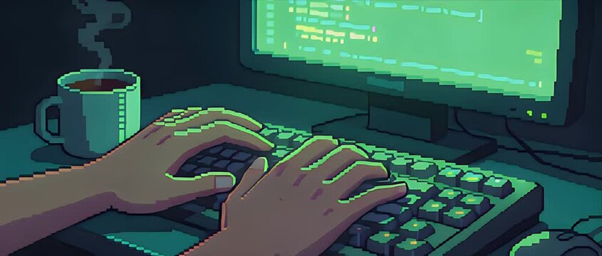 Pixel art city pixel art city computer hand keyboard monitor coffee desk code screen typing workstation night digital illustration dark office neon green room cup steam