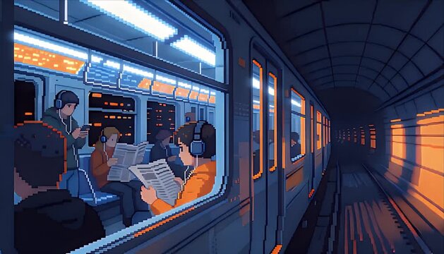 Pixel art city Pixel art city subway train interior with passengers reading, headphones, newspaper, window views, calm blue and orange commute through tunnel transit, passenger scene