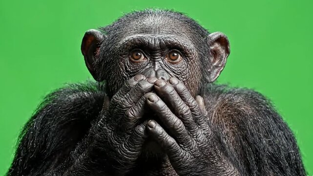 Captivating image of a chimpanzee in a state of pure shock, with its hands covering its mouth, conveying intense surprise and speechlessness on a green screen