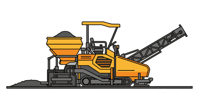 Illustration of a yellow asphalt paver working on a road surface