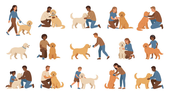 Diverse people playing and walking with goldendoodle dog vector illustration set. Happy men, women, and children pet domestic animals. Flat design pet owners characters collection.