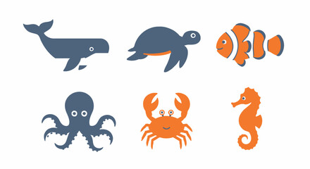 Fototapeta premium Stylized ocean creatures illustration whale turtle clownfish octopus crab seahorse