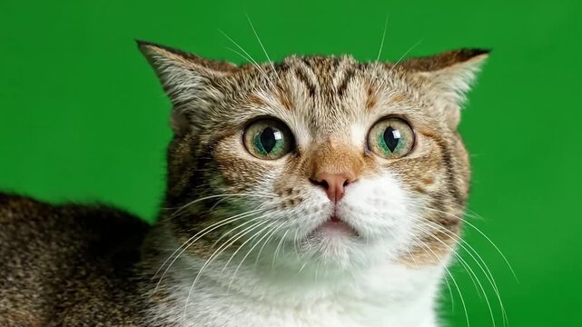 A shocked cat with wide eyes and a startled expression on a vibrant green background